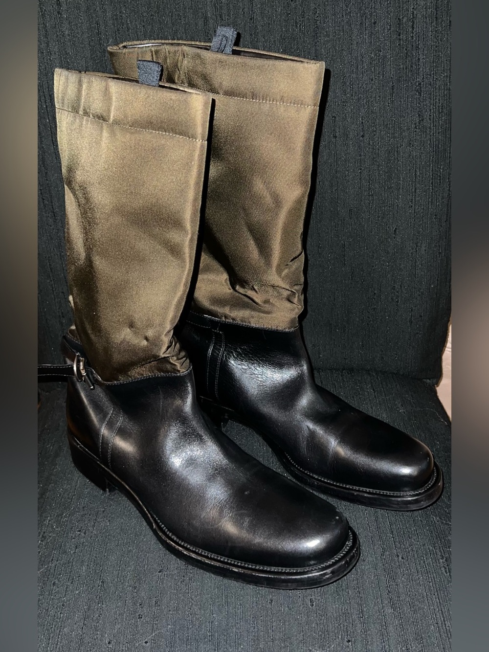 Prada Black Leather Boots with Brown Fabric Shaft